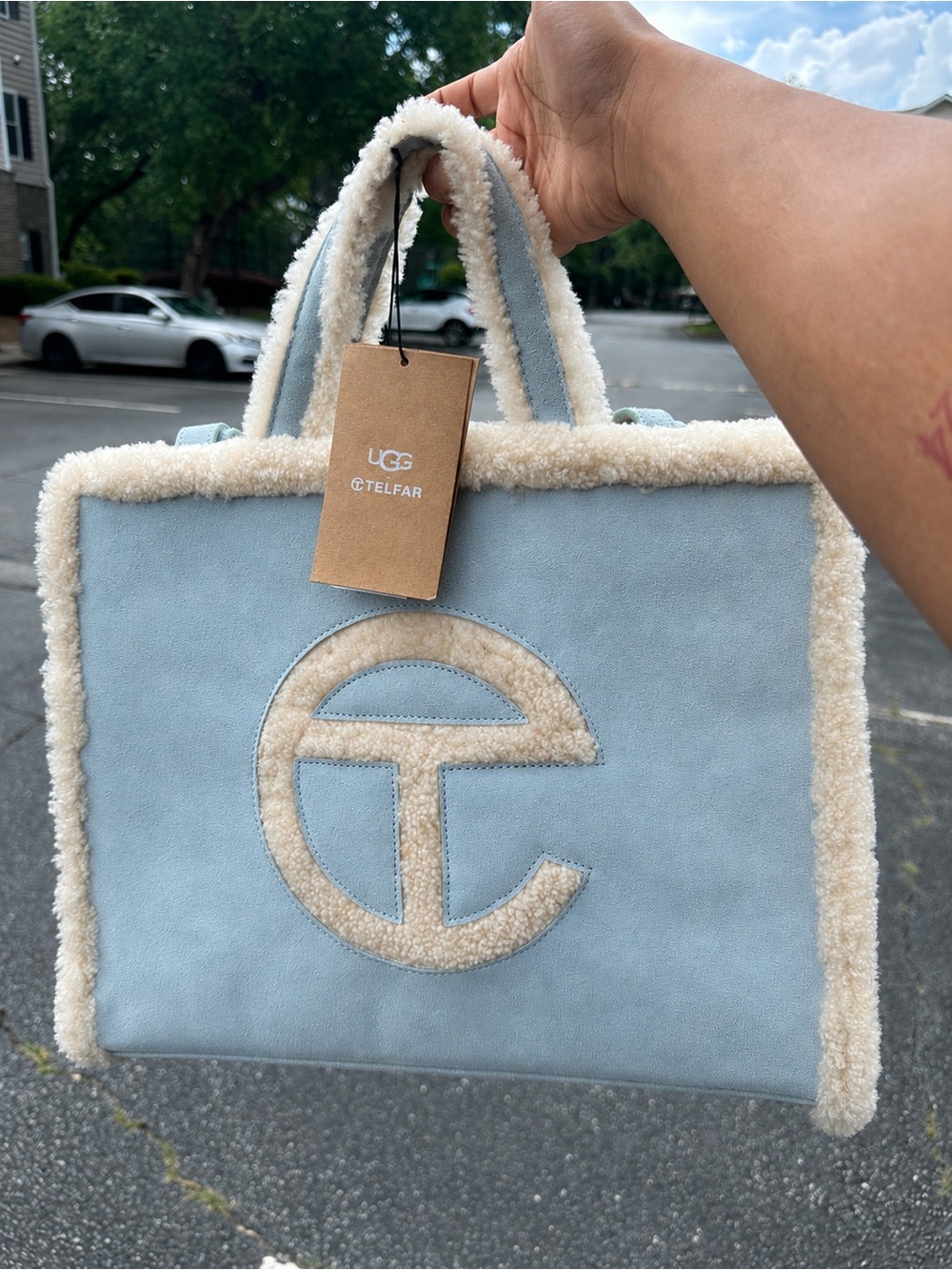 UGG x TELFAR Light Blue Suede Tote with Cream Shearling Trim